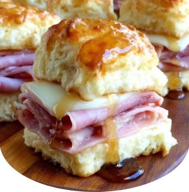 Honey ham biscuit sliders served on a plate for a delicious appetizer.
