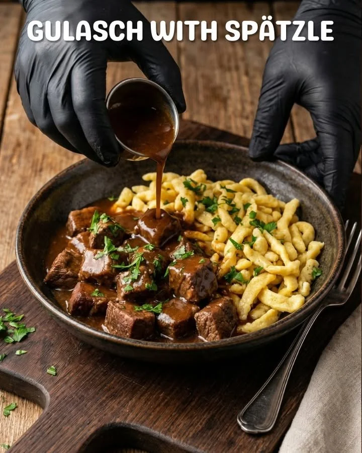 Delicious Hungarian Goulash served with homemade Spaetzle