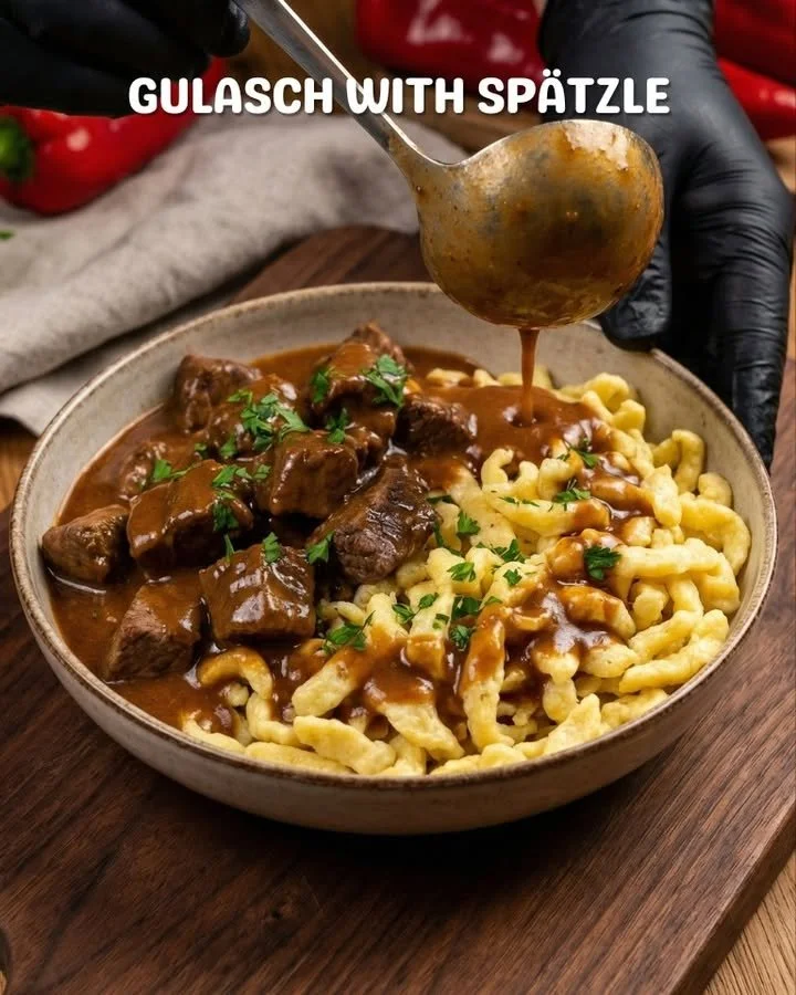 Delicious Hungarian Goulash served with homemade Spätzle on a rustic table.