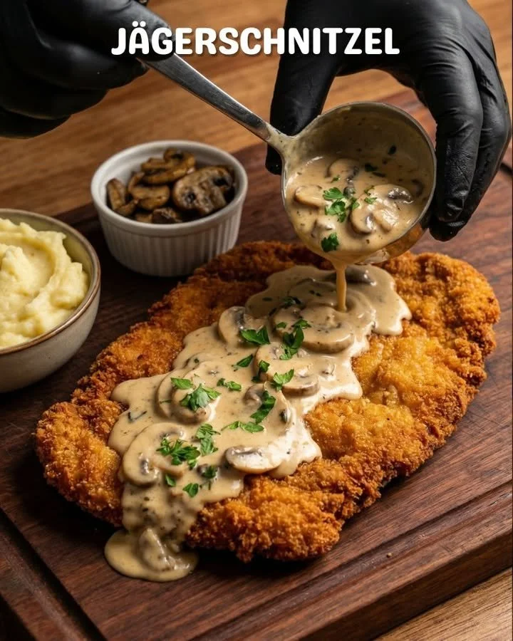 Delicious Hunter's schnitzel served with herbs and spices