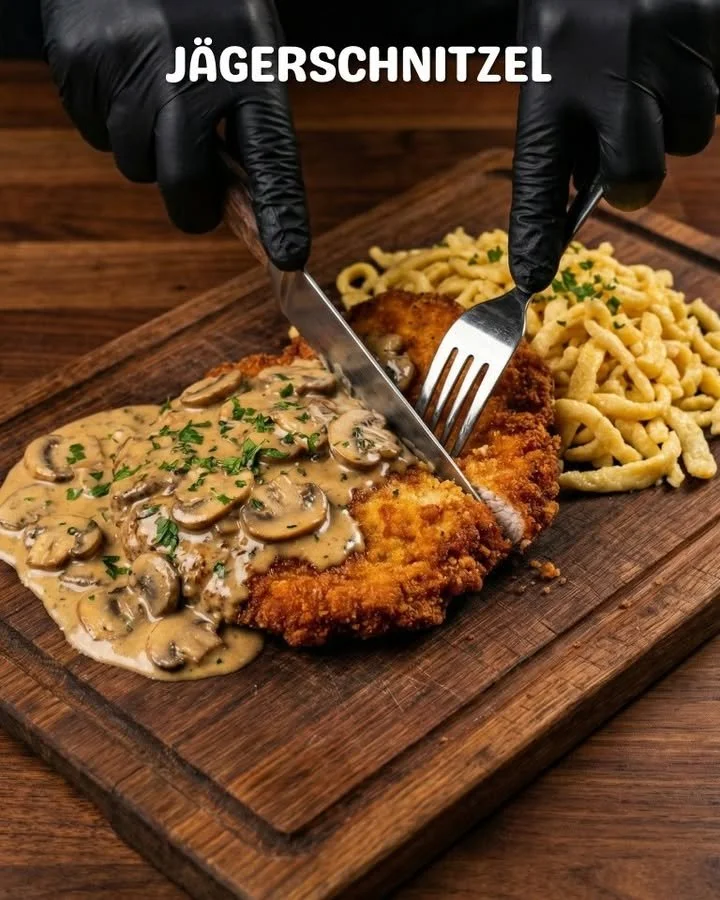 Delicious plate of Hunter's schnitzel served with sides