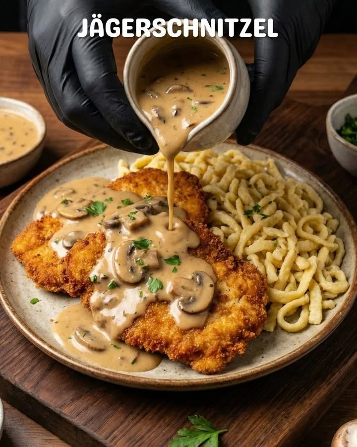 Delicious Hunter's schnitzel served with garnish and sides