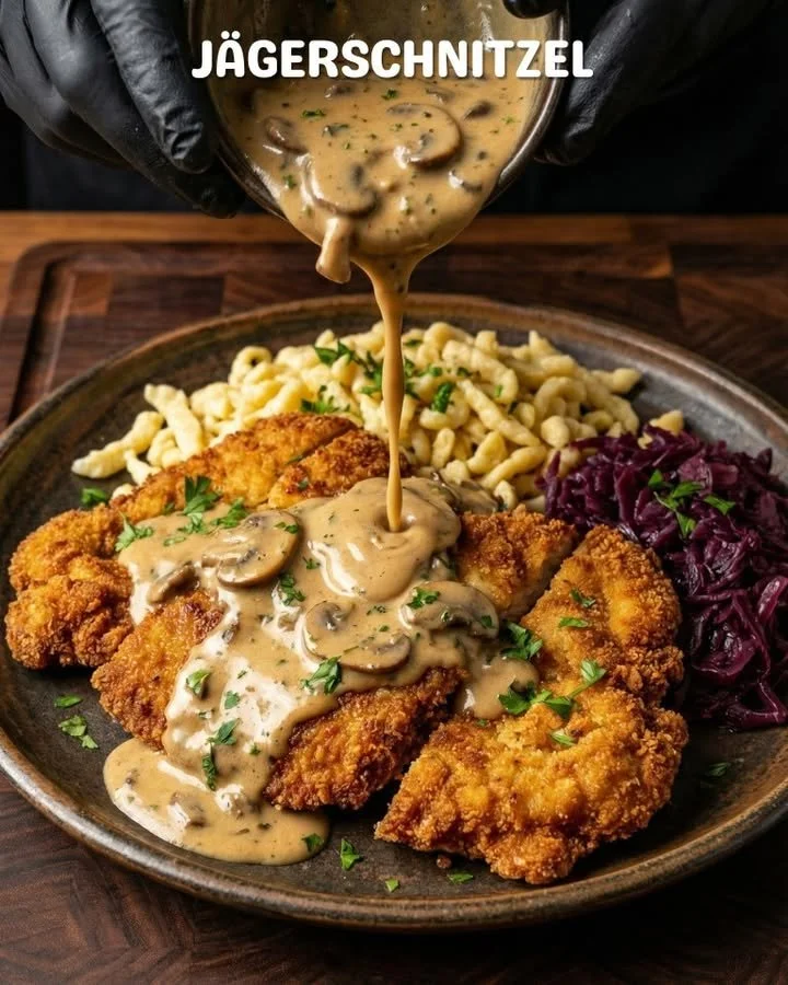 Delicious Hunter's schnitzel served with savory sides.