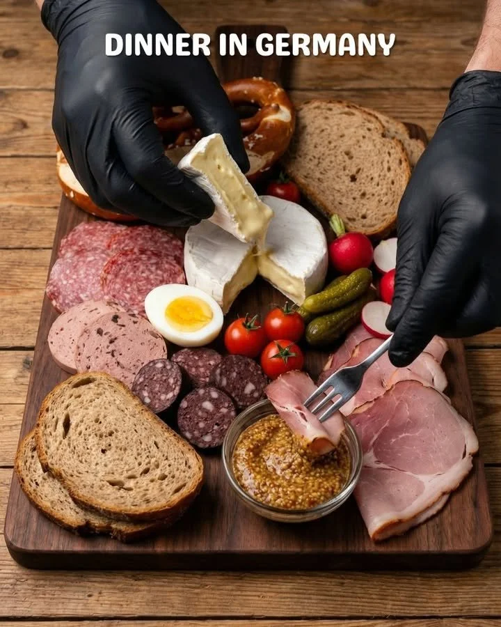A German supper board featuring an array of cold cuts, cheeses, and pickles.