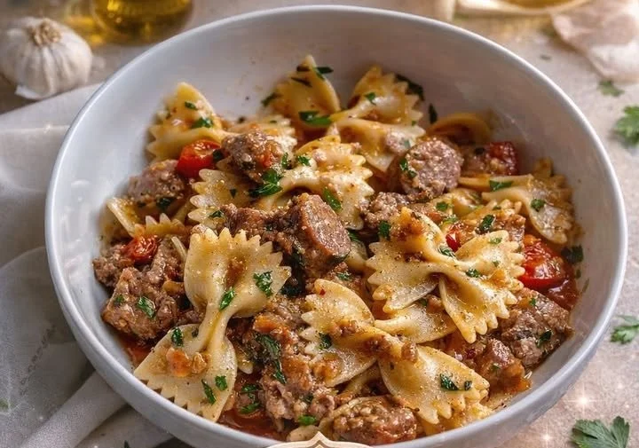 Italian sausage with bow tie pasta served in a bowl