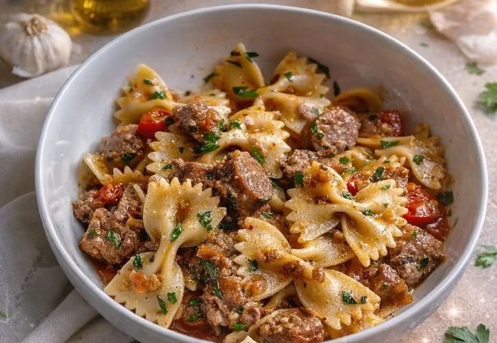 Italian sausage with bow tie pasta in a delicious sauce