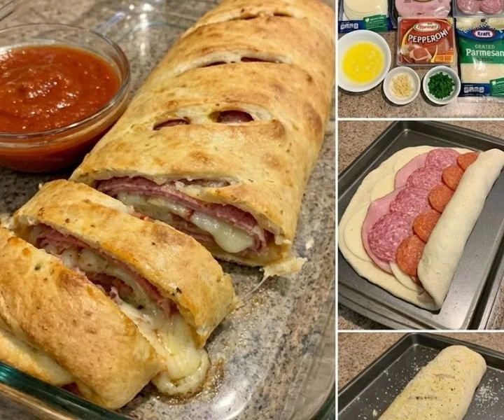 Delicious Italian Stromboli filled with cheese and meat served on a wooden table.