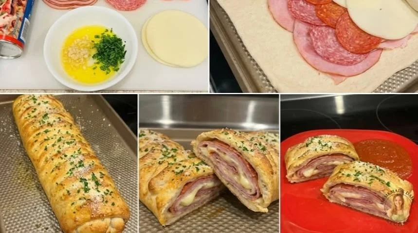 Delicious Italian Stromboli filled with meats and cheeses on a rustic table