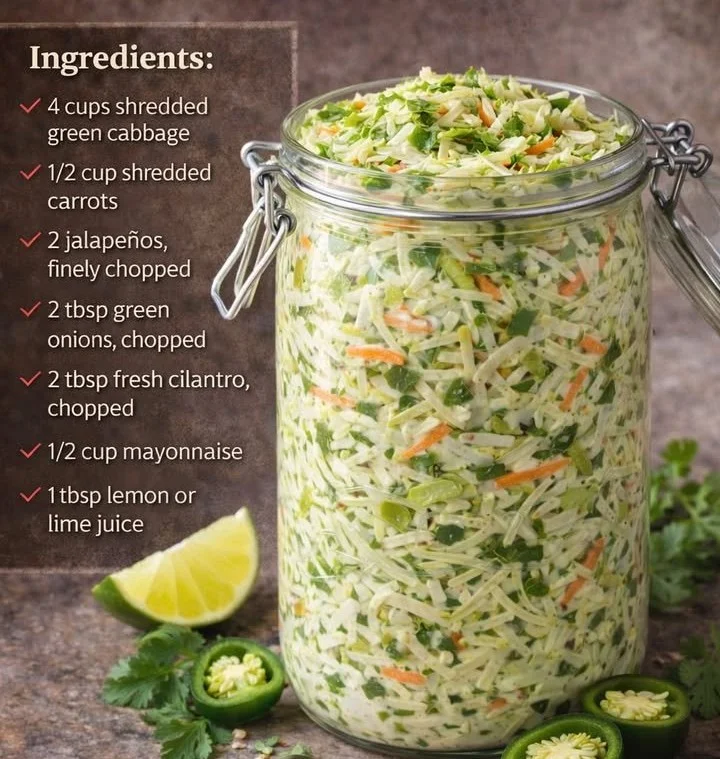 Bowl of spicy Jalapeño Coleslaw with fresh vegetables