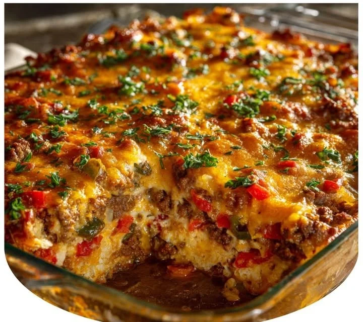 Delicious John Wayne Casserole served in a dish with toppings.