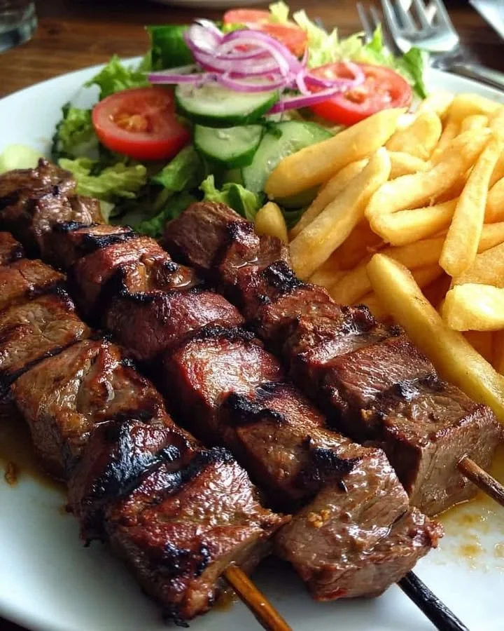 Juicy grilled beef skewers plate with fries and fresh salad