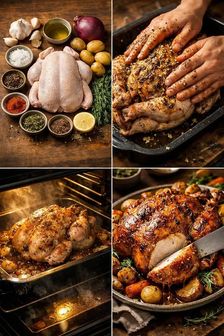 Juicy roast chicken served on a platter with herbs and vegetables.