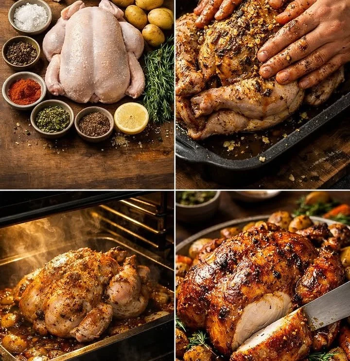 Juicy roast chicken served with fresh herbs and vegetables on a rustic table