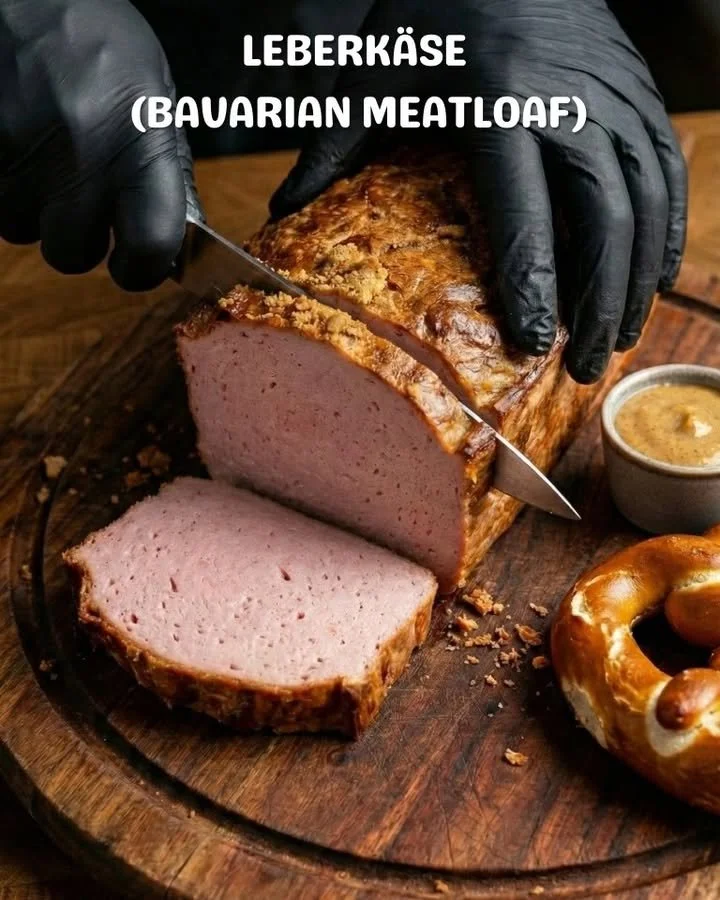 Homemade Bavarian Liver Cheese served on a wooden cutting board