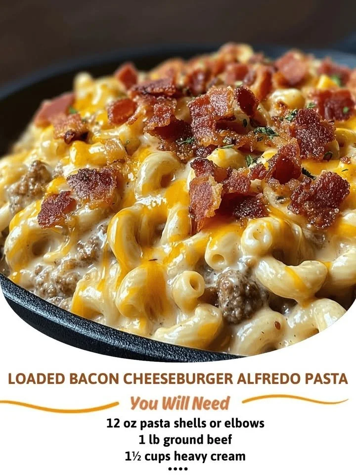 A delicious bowl of Loaded Bacon Cheeseburger Alfredo Pasta topped with crispy bacon.