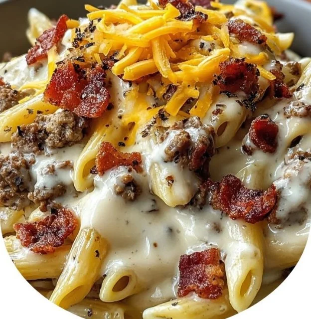 Bacon cheeseburger alfredo pasta topped with crispy bacon and cheese.
