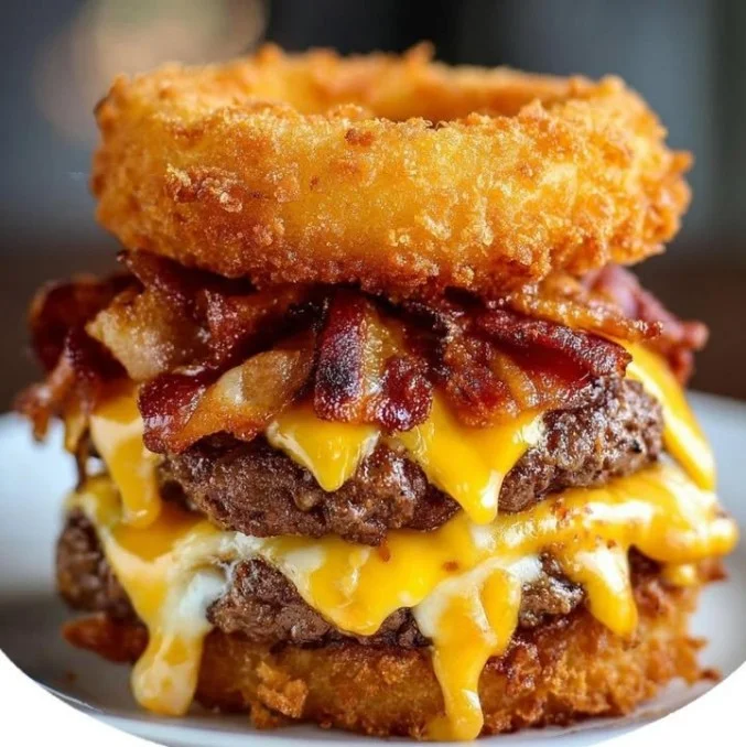 Loaded bacon cheeseburger onion rings topped with melted cheese and crispy bacon.