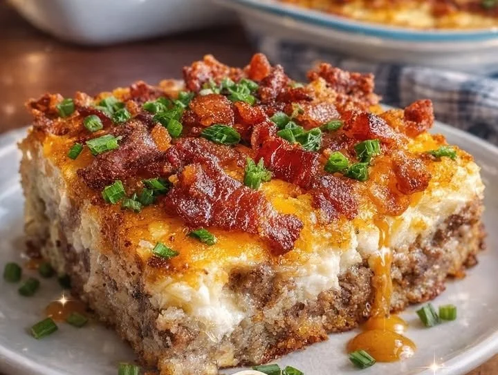 Delicious Loaded Potato Meatloaf Casserole topped with cheese and herbs