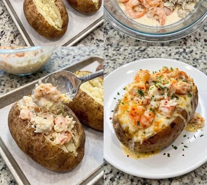 Delicious loaded seafood stuffed baked potato topped with shrimp and crab