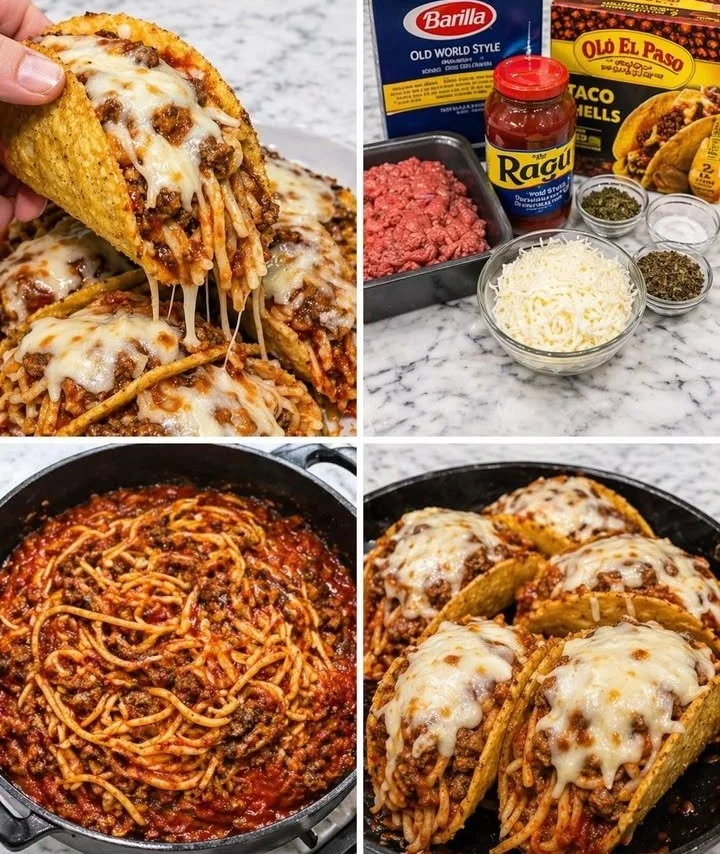 Delicious loaded spaghetti tacos topped with cheese and herbs
