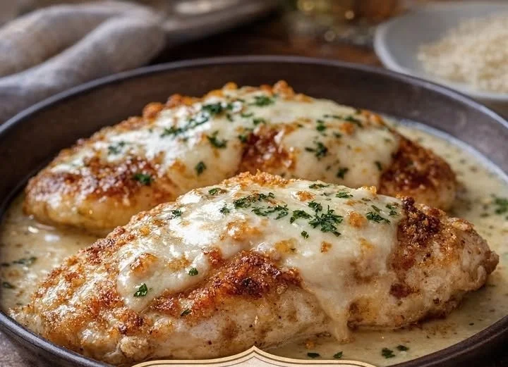 Longhorn Steakhouse Parmesan Chicken served with herbs and a side of vegetables.