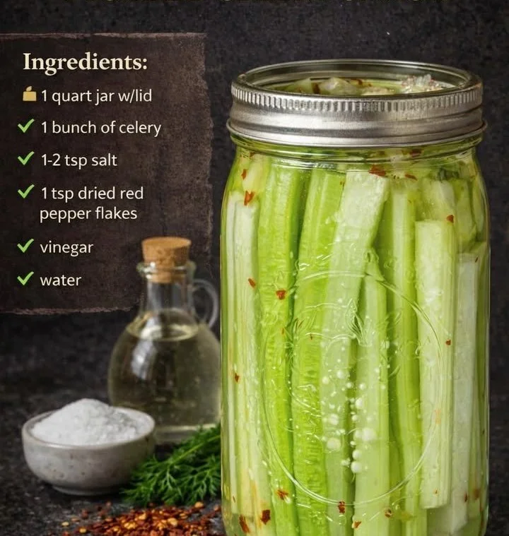 Low carb pickled celery snack in a glass jar garnished with spices.