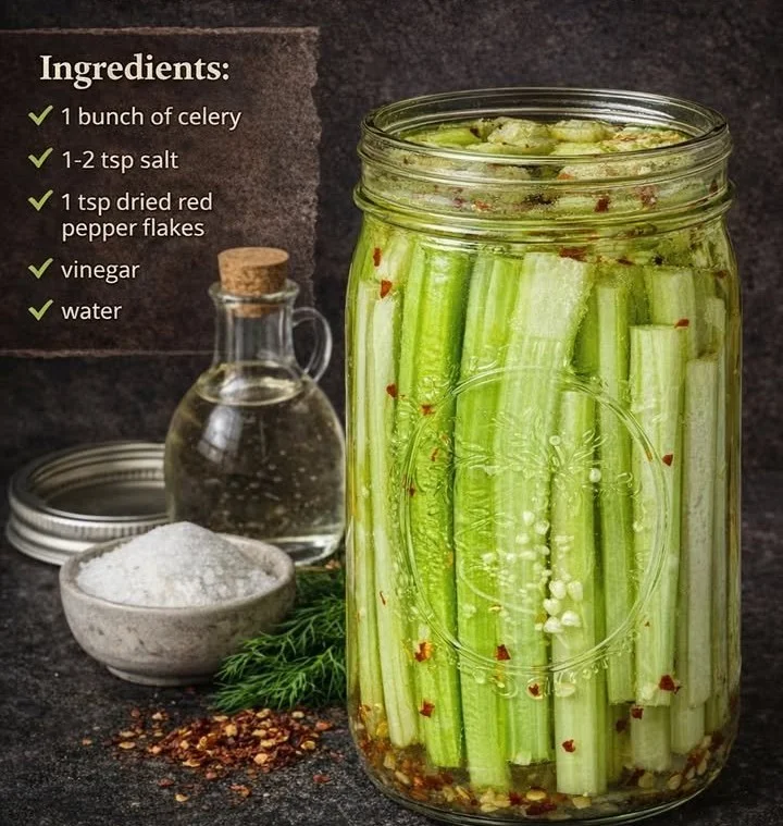 Jar of low carb pickled celery snack on a wooden table