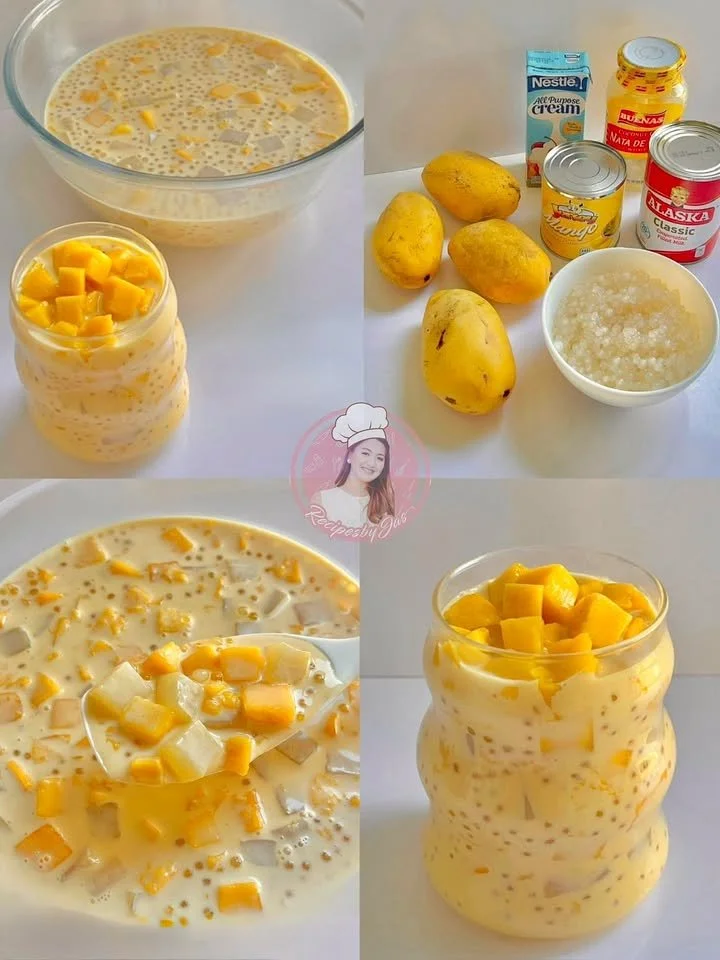 Delicious Mango Tapioca dessert with mango chunks and tapioca pearls.