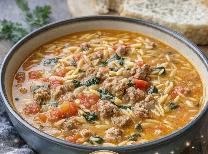 Bowl of Marry Me Sausage Orzo Soup with fresh herbs and crusty bread.