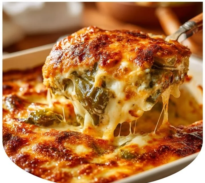 Delicious melty cheesy stuffed chile bake topped with herbs