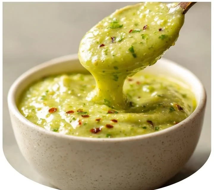 Bowl of Mexican Avocado Tomatillo Spicy Salsa with fresh ingredients
