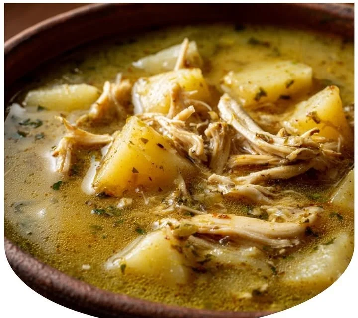 Bowl of Mexican Green Chile Chicken and Potato Soup with fresh ingredients and spices.