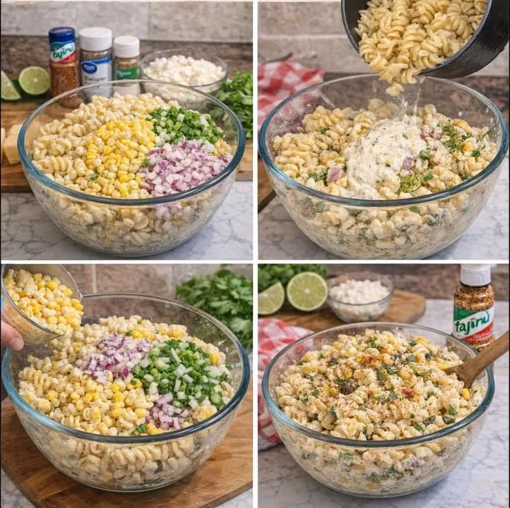 Bowl of Mexican street corn pasta salad with colorful ingredients
