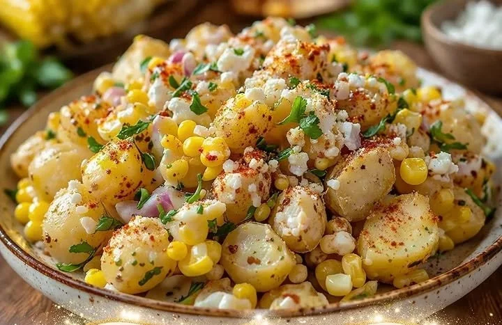 Bowl of Mexican Street Corn Potato Salad garnished with herbs and lime.