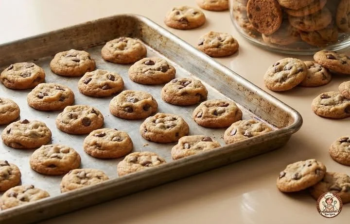 Freshly baked mini chocolate chip cookies on a plate