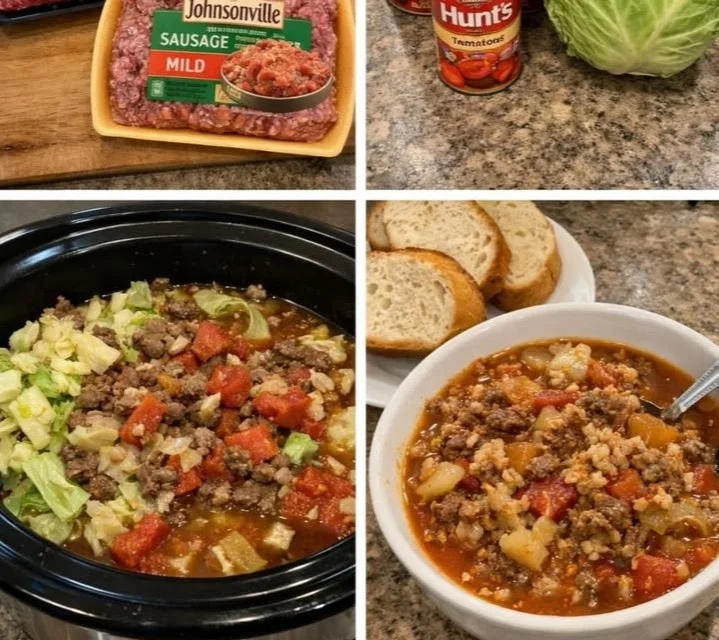 A hearty bowl of Mom's Cabbage Roll Soup topped with fresh herbs.