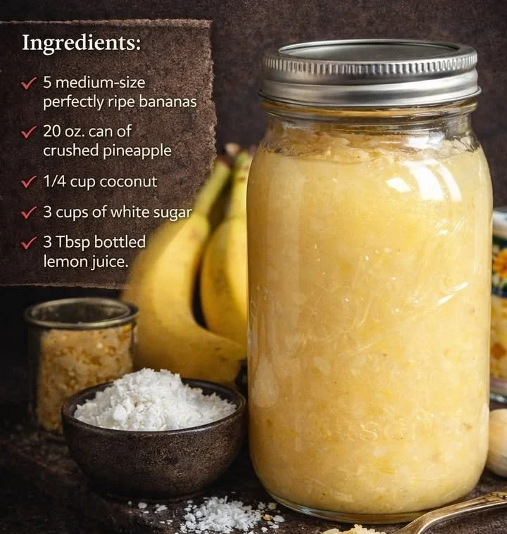 Jar of homemade Monkey Butter with bananas and coconut spread on toast