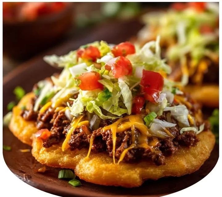 Delicious Navajo Tacos topped with New Mexico green chile