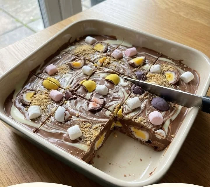 Delicious no-bake Cadbury Egg fudge ready to be enjoyed.