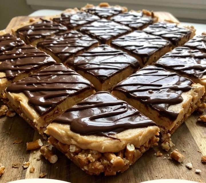No-bake caramel pretzel peanut bars stacked on a plate