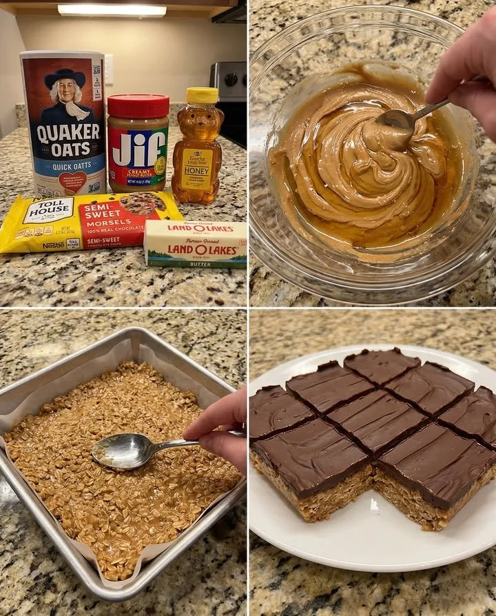 No-bake chocolate peanut butter oatmeal bars stacked on a plate