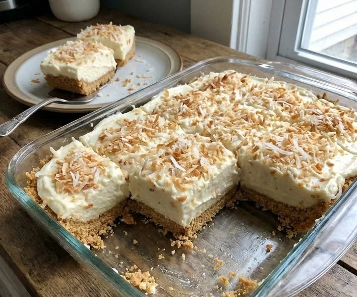 No-bake coconut cream pie squares served on a plate with coconut flakes
