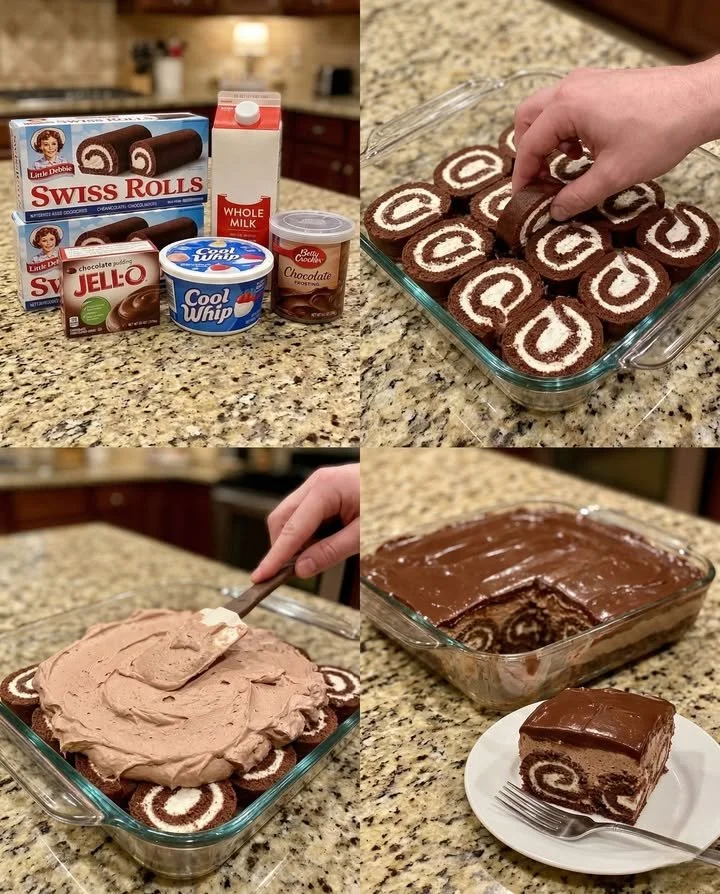 No-Bake Little Debbie Swiss Roll Cake topped with chocolate and whipped cream