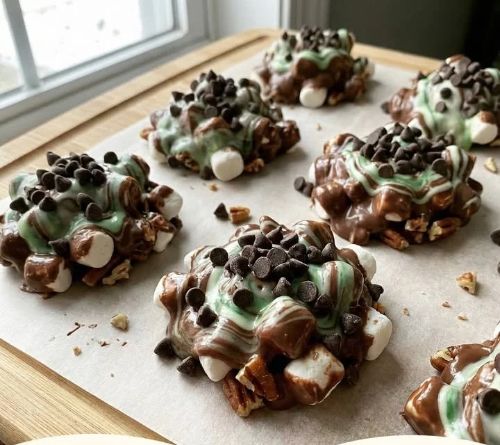 No-bake mint chocolate chip clusters arranged on a plate