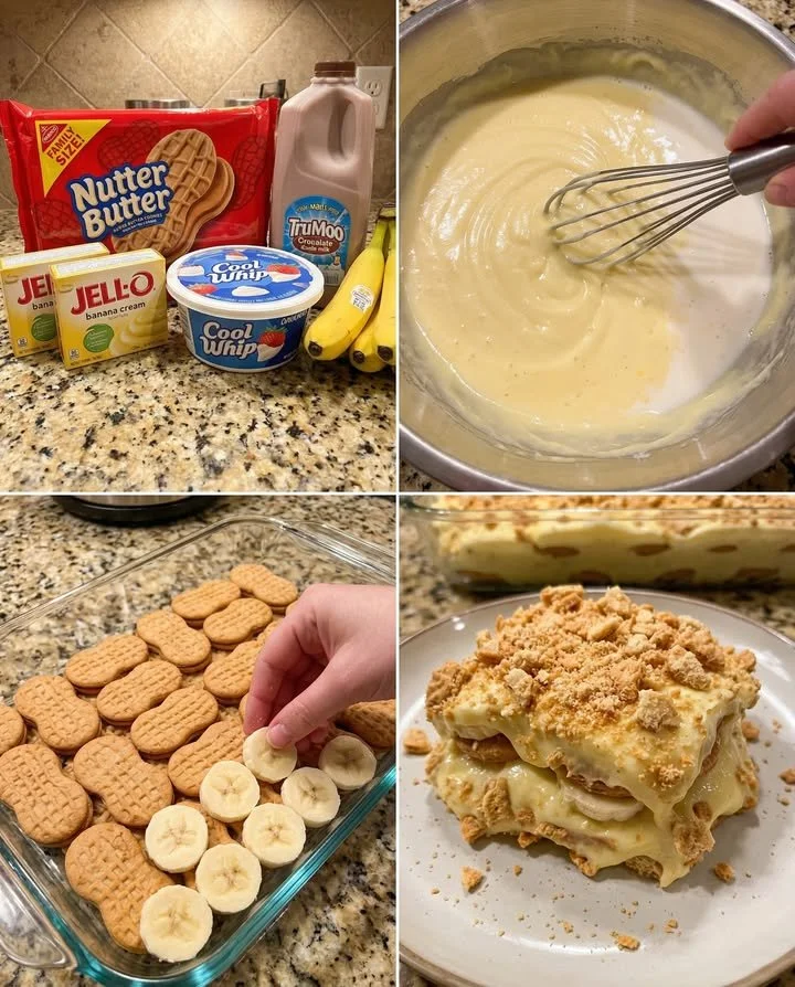 No-Bake Nutter Butter Banana Pudding Lasagna layered dessert dish