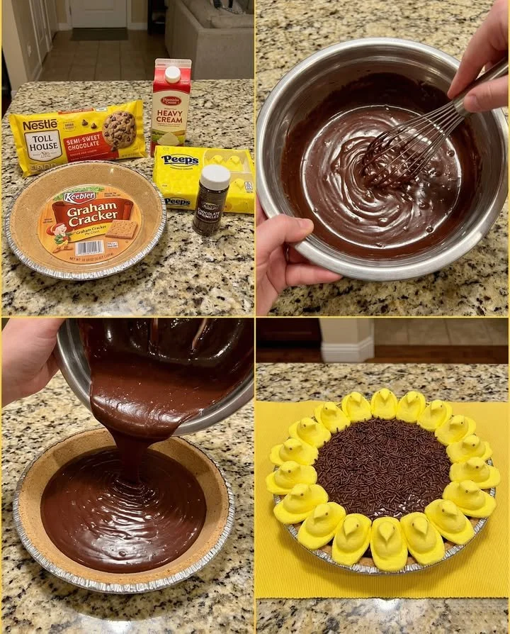 No-Bake Peeps Sunflower Pie decorated with colorful Peeps marshmallows