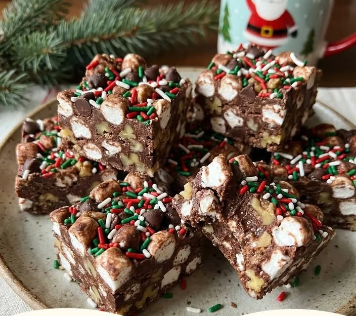 No-Bake Rocky Road Christmas Wreath Squares decorated for the holiday season