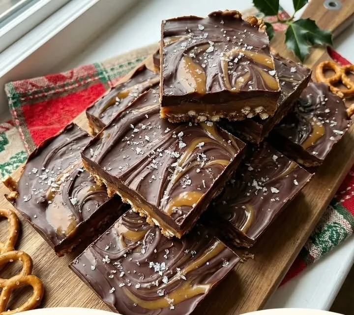 No-bake salted caramel pretzel bars decorated for Christmas