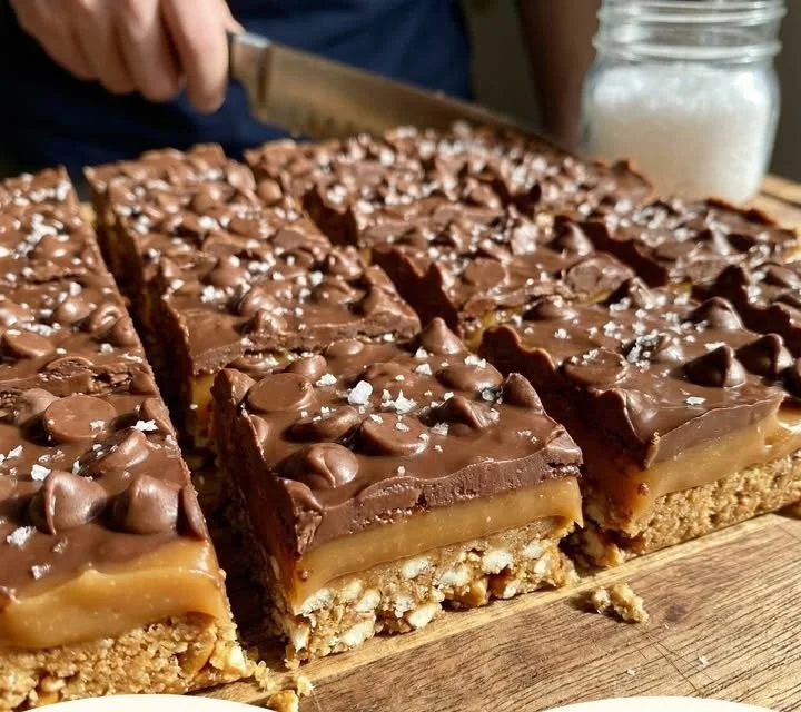 No-bake salted caramel pretzel bars topped with drizzled caramel