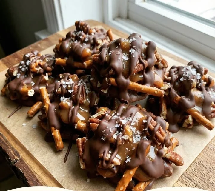 No-bake salted caramel pretzel pecan clusters on a plate